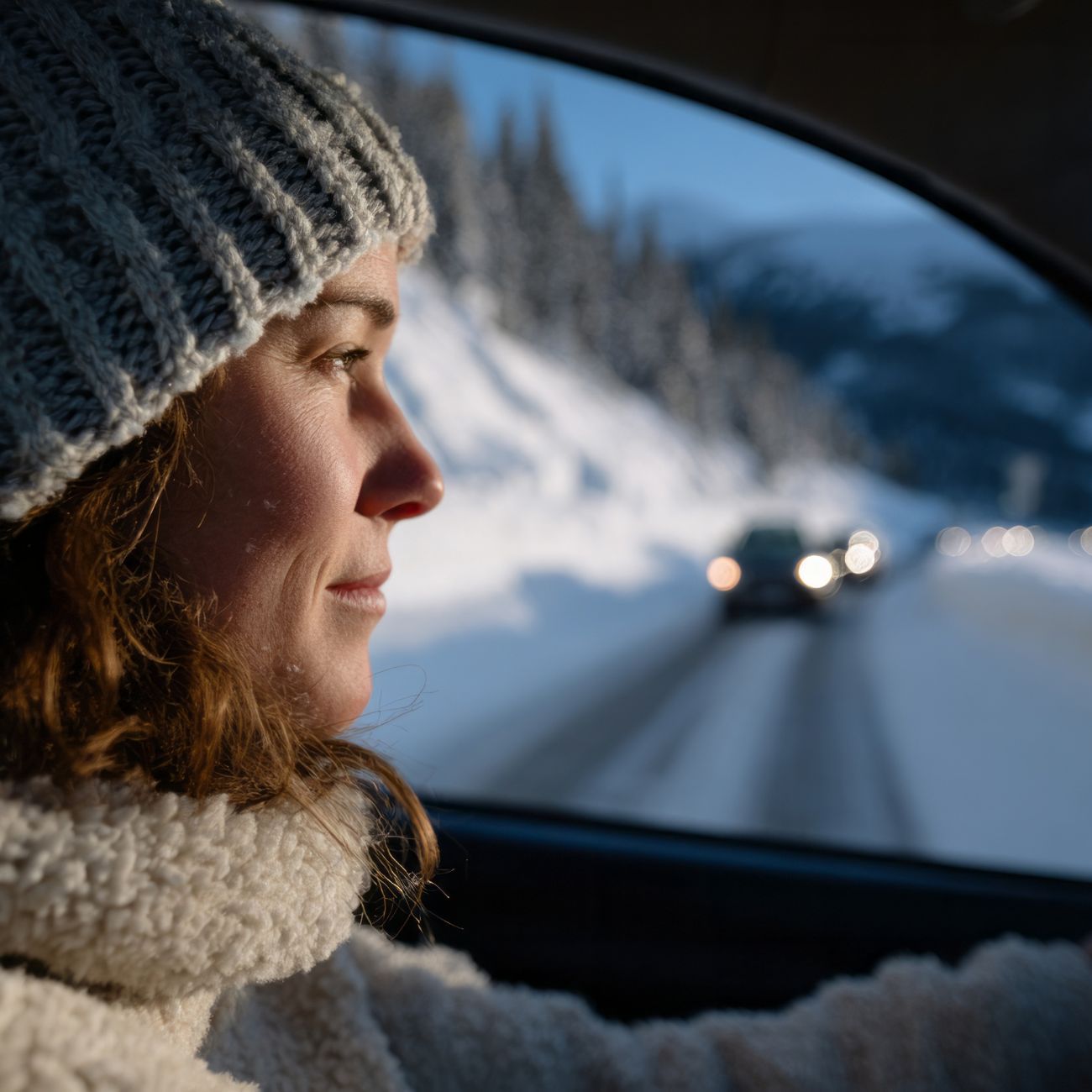 겨울 눈길 위로 자동차를 운전하는 여성